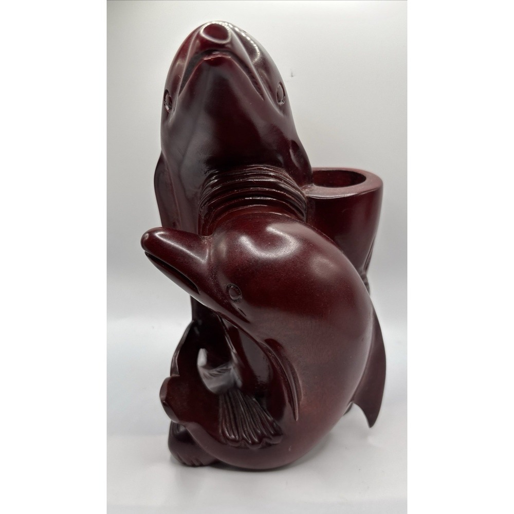 Vintage Solid‎ Wood Hand Carved Dolphins Statue Vase Figurine 9 1/2"